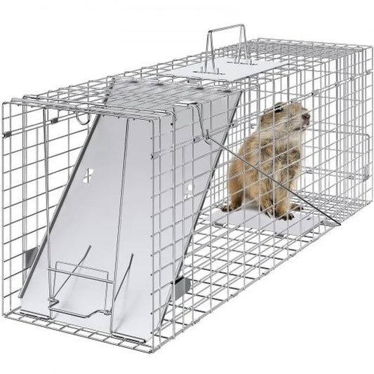 Live Animal Cage Trap, 31' X 10' X 12' Humane Cat Trap Galvanized Iron, Folding Animal Trap with Handle for Rabbits, Stray Cats, Squirrels, Raccoons, Groundhogs and Opossums