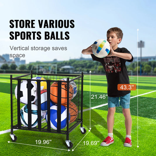 VEVOR Rolling Sports Ball Storage Cart, Lockable Basketball Cage with Elastic Straps, Sport Equipment Holder Organizer for Indoor Outdoor, Steel Storage Rack for Garages, Playgroup, Gym and Schools
